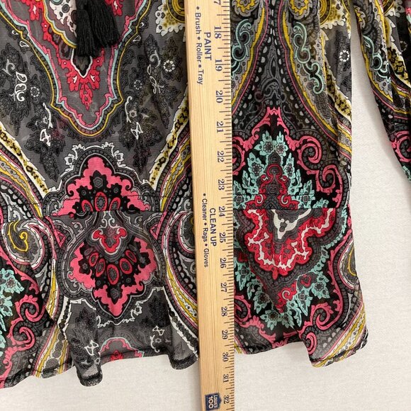 INC International Concepts Colorful Paisley Mesh Lace Up Stretch Blouse XL Boho - Picture 5 of 9